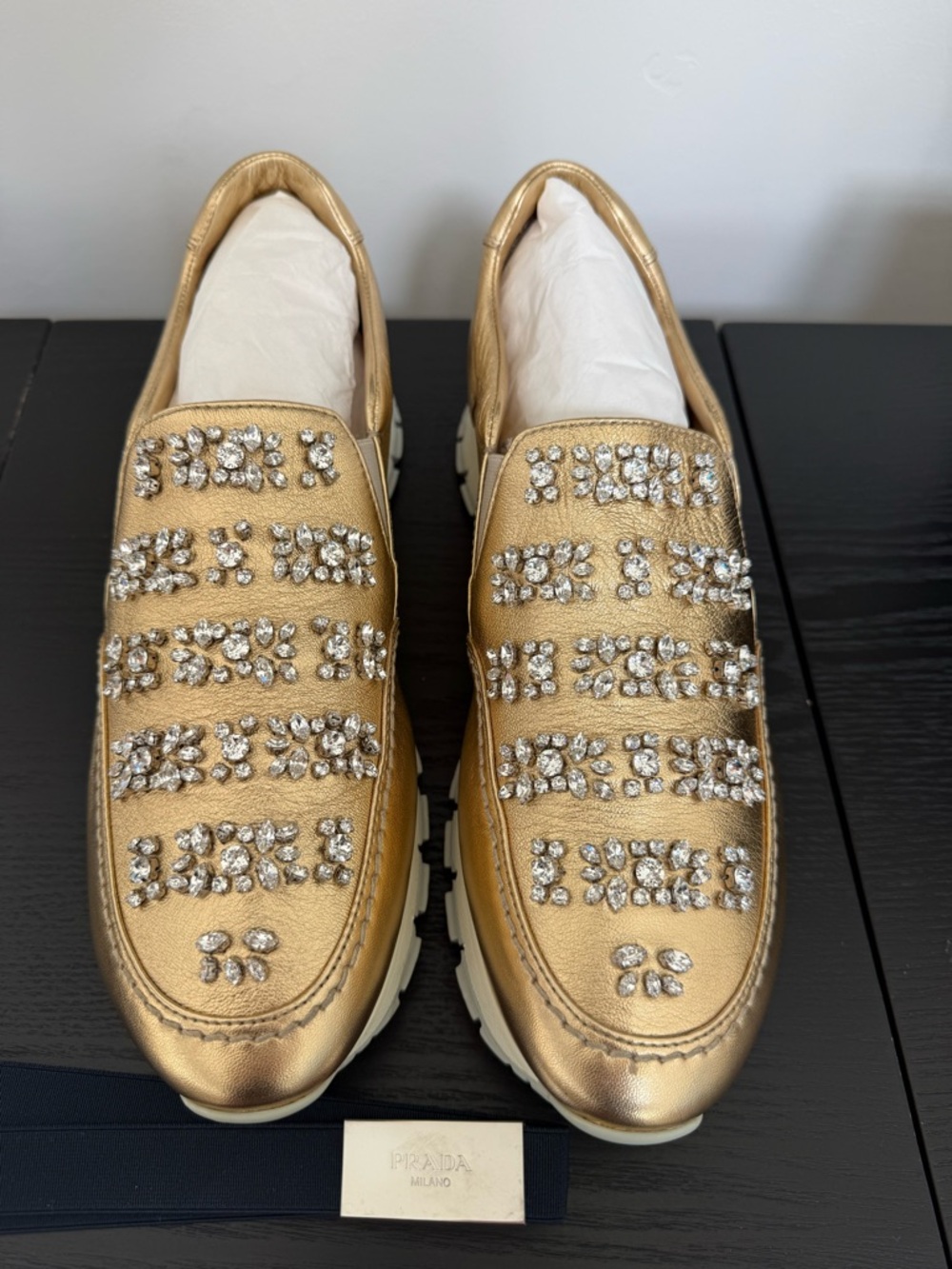 Beautiful Prada Metallic Gold Crystal-Strap Leather Loafers - US 10/EU 40 - NWOT - Picture 6 of 9